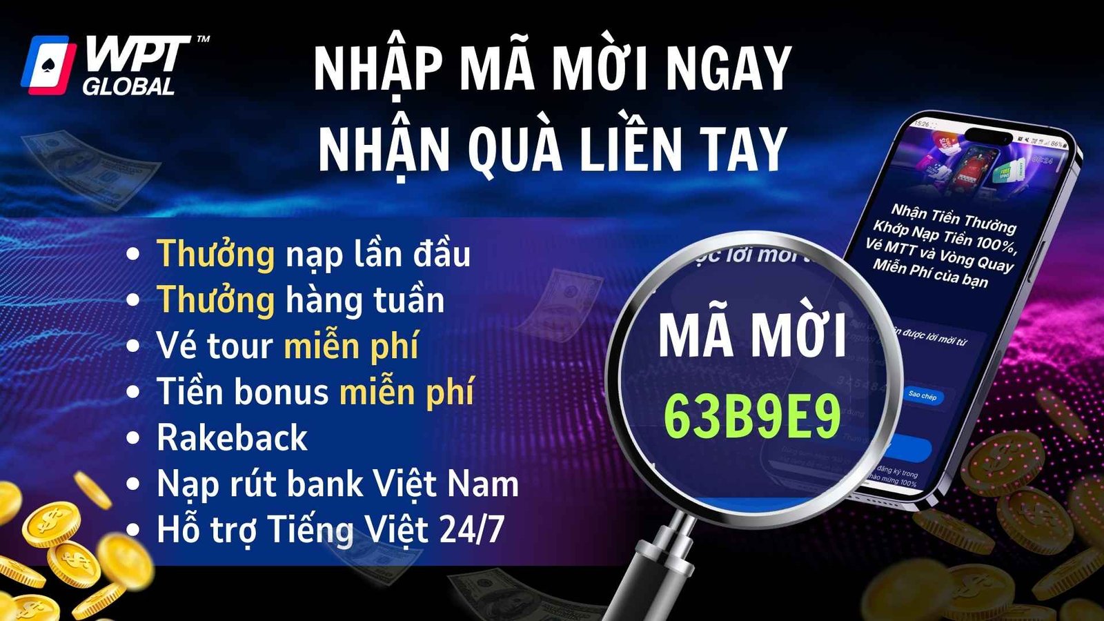 Đăng Ký WPT Global, nhập mã mời để nhận ưu đãi